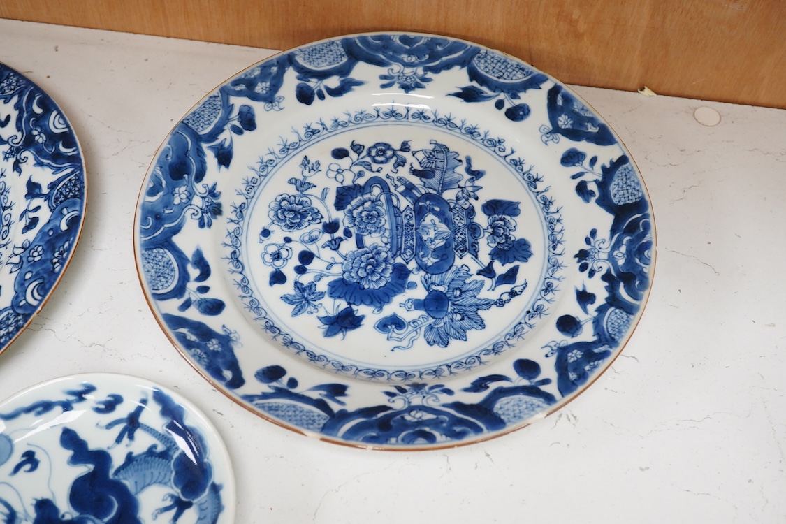 Two Chinese blue and white export plates-and a small dish, 23cm diameter